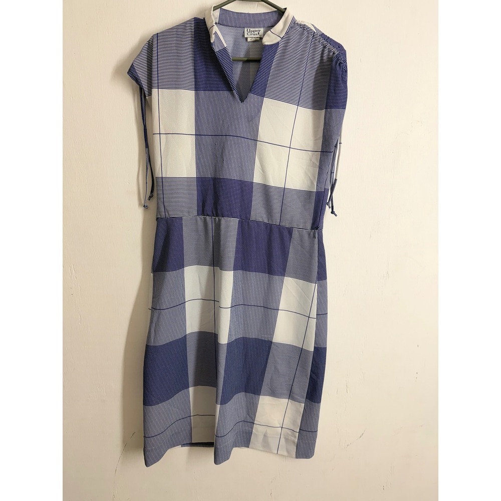 Vintage Upper Crust Blue White Plaid Split Neck Drawstring Shoulder Dress 12